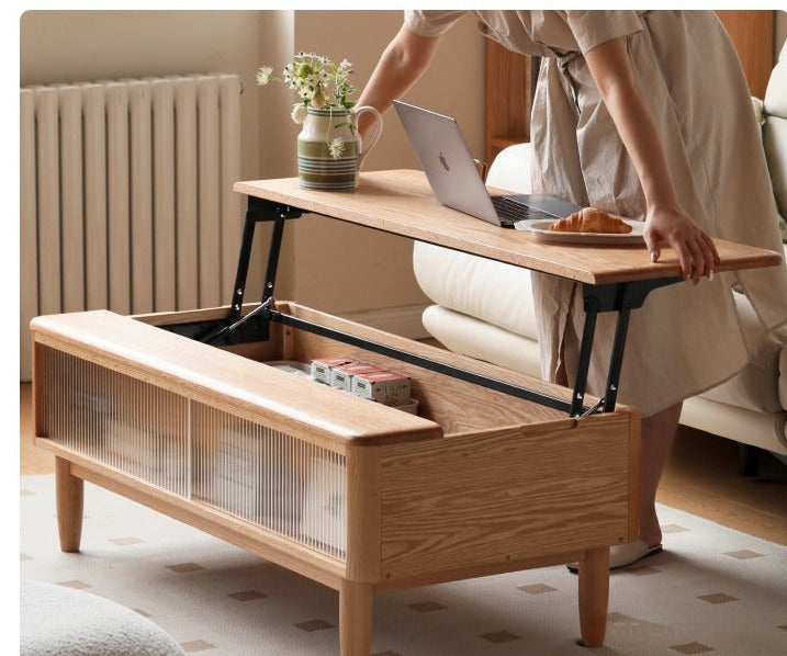 Solid Oak Wood Modern Lift-Top Coffee Table with Slate Finish - Perfect for Living Room, Home Office, and Small Spaces