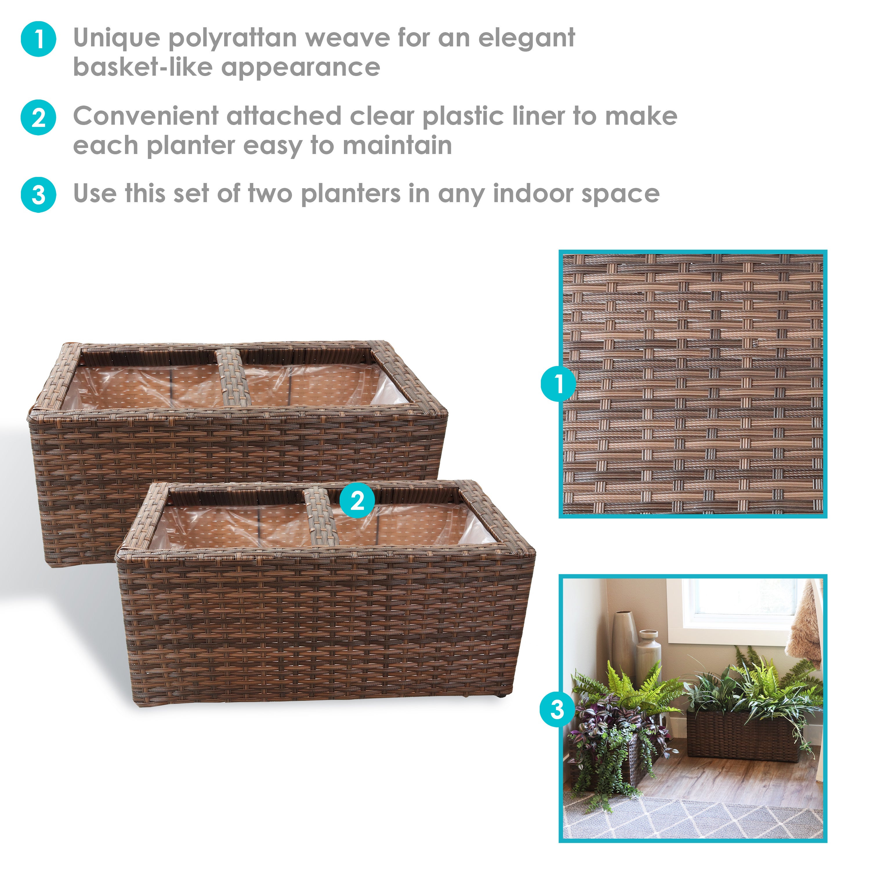 Sunnydaze 2-Piece Set of Modern Rectangle Indoor Planters - Durable Polyrattan Material for Home, Office & Garden Decor - Perfect for Living Room, Patio or Balcony Plants