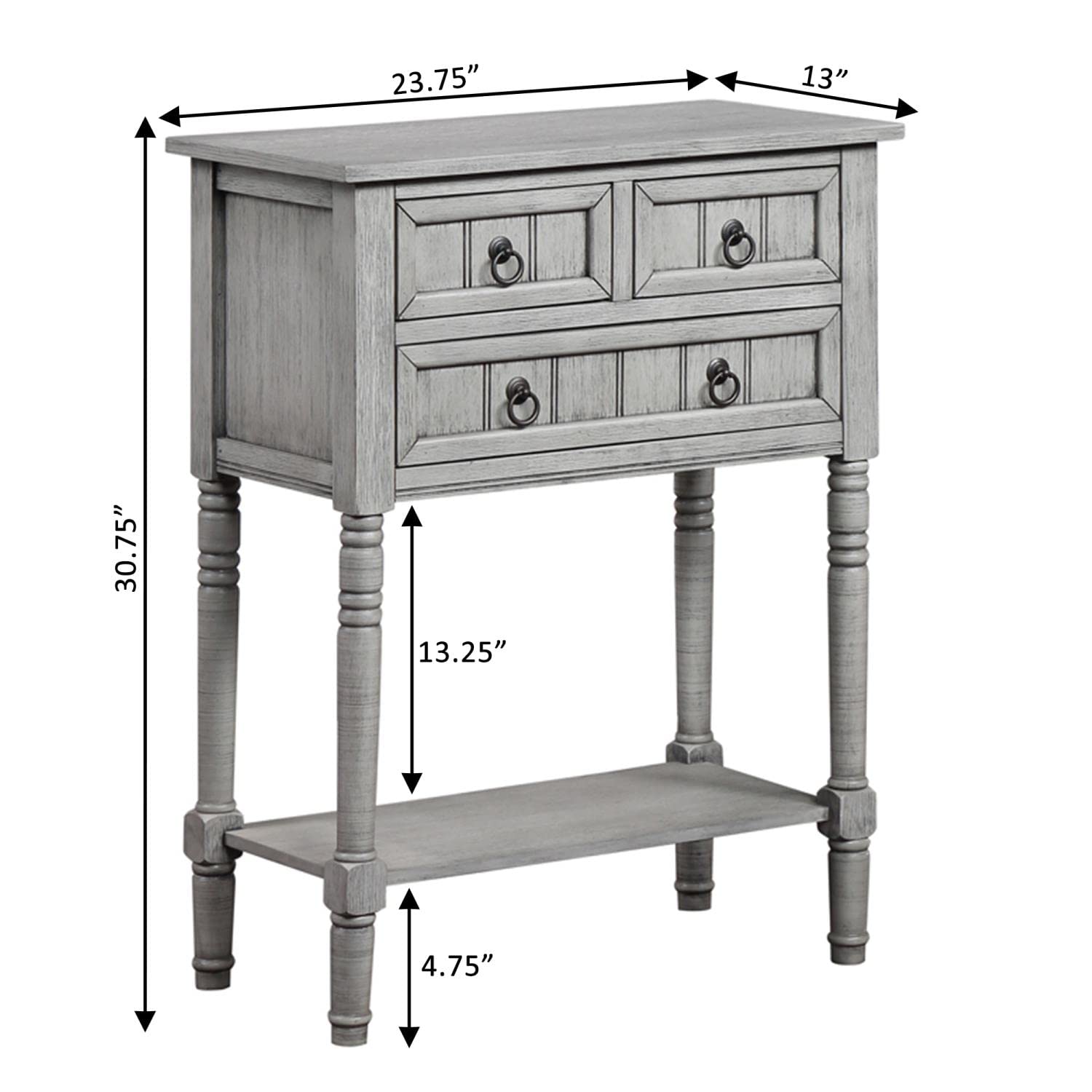 Convenience Concepts Kendra 3-Drawer Hall Table with Shelf - Wirebrush Light Gray Finish | Entryway Console Table for Small Spaces, Narrow Hallway & Apartment Living Room Decor