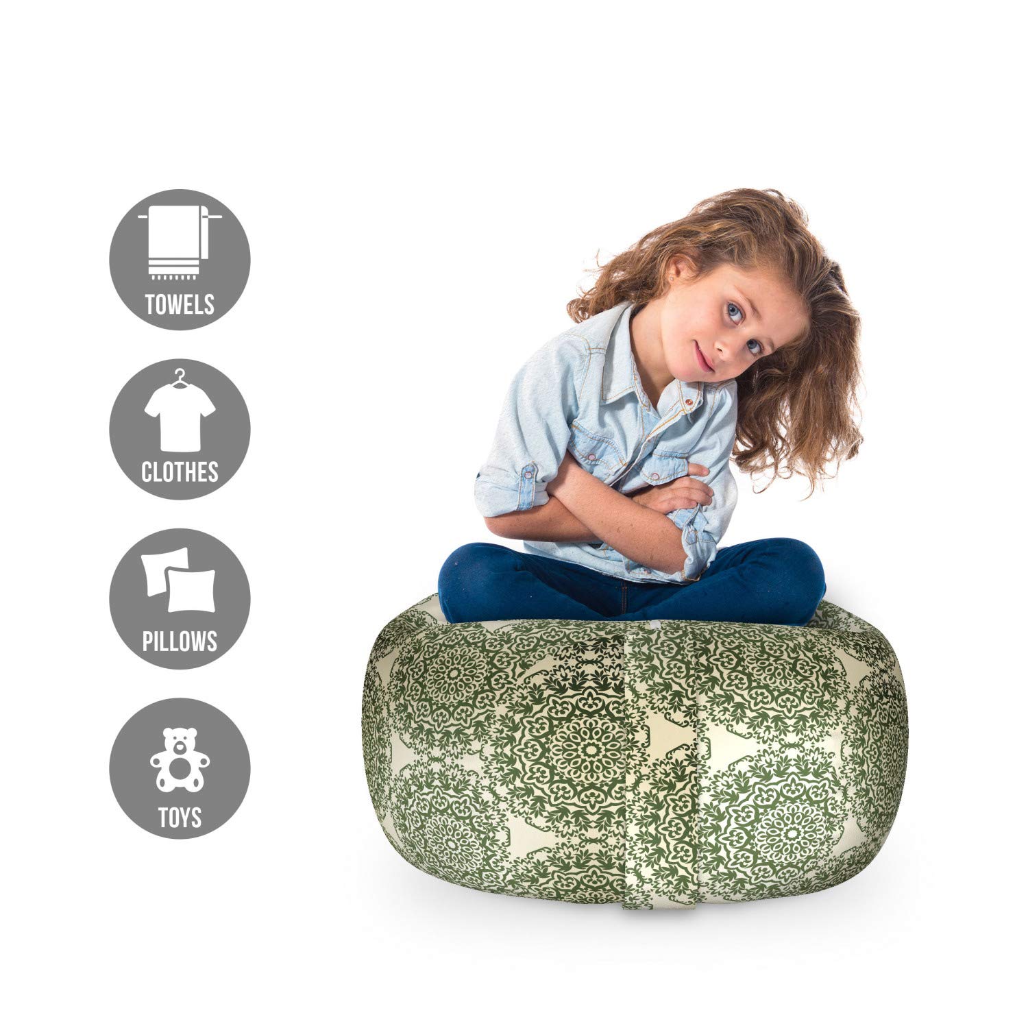 Ambesonne Floral Storage Toy Bag Chair - Washable Stuffed Animal Organizer with Flower Design, Small Size in Eggshell Olive Green - Perfect for Kids' Room Organization & Playroom Storage