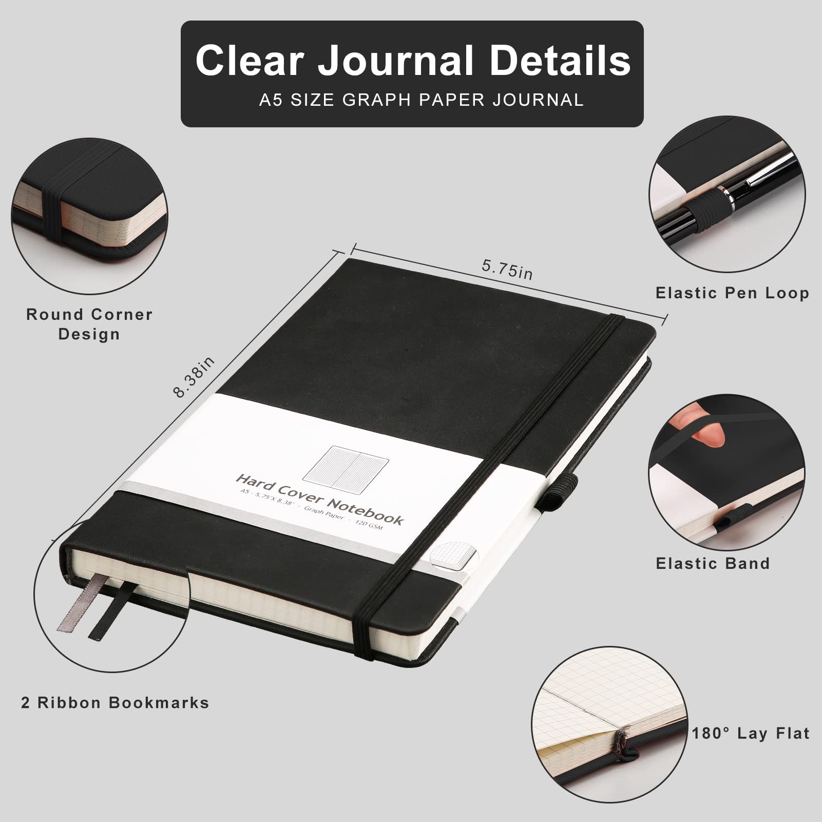 AHGXG 2-Pack A5 Graph Paper Notebook - 384 Page Grid Journal for Math & Science, 5.75