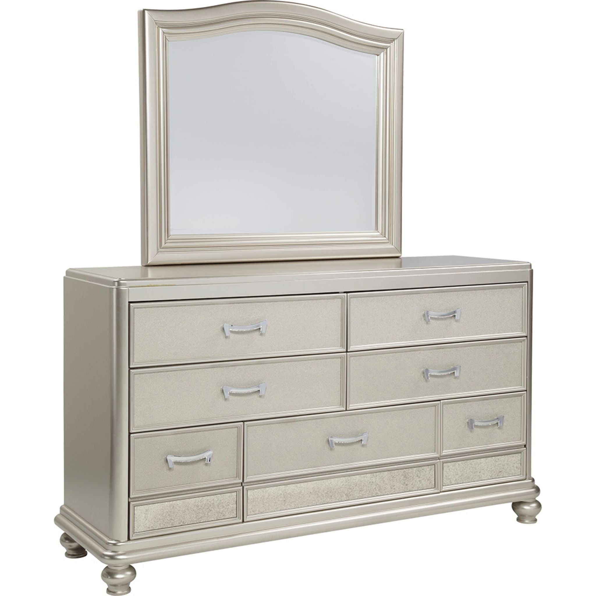 Coralayne 5-Piece Sleigh Bedroom Set in Silver - Elegant Queen/King Size Bed Frame with Nightstands & Dresser for Modern Master Bedroom Decor