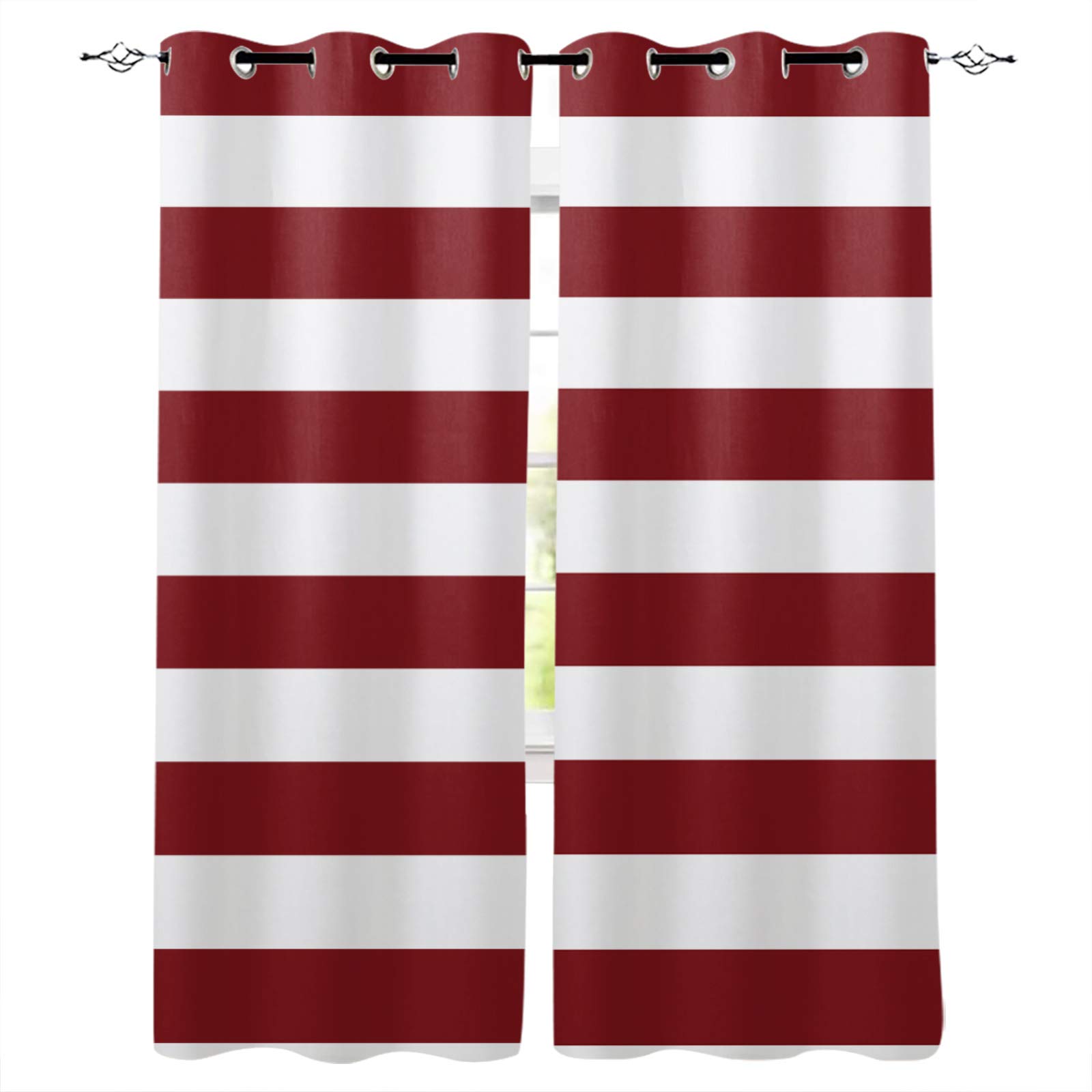 Red & White Striped Blackout Curtains - Room Darkening Thermal Insulated Window Drapes with Geometric Design for Living Room & Kitchen (2 Panels, 42x45 Inches) - Perfect for Light Control, Privacy & Energy Efficiency