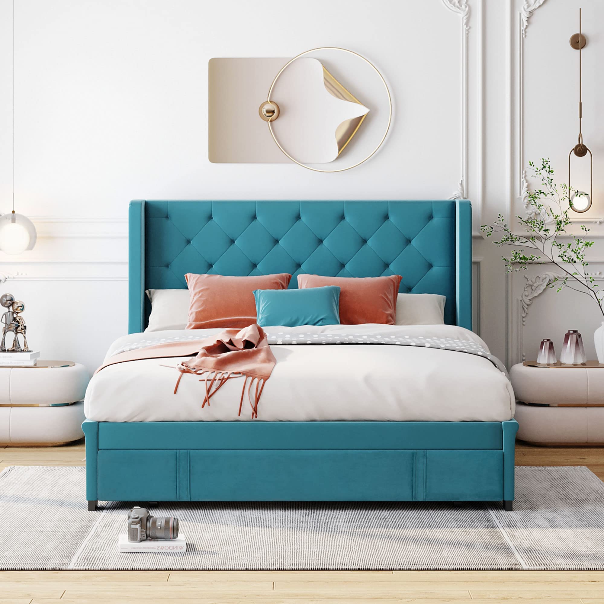 Luxury Queen Size Bed Frame with Tufted Wingback Headboard & Under Bed Storage - Velvet Upholstered Platform Bed with Slats, No Box Spring Needed - Perfect for Master Bedrooms, Guest Rooms & Small Space Apartments