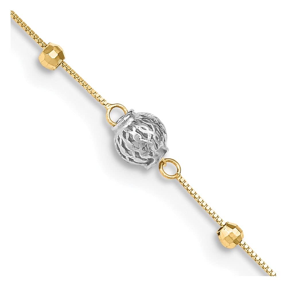 14K Yellow Gold Two-Tone Beaded Anklet Bracelet - 10