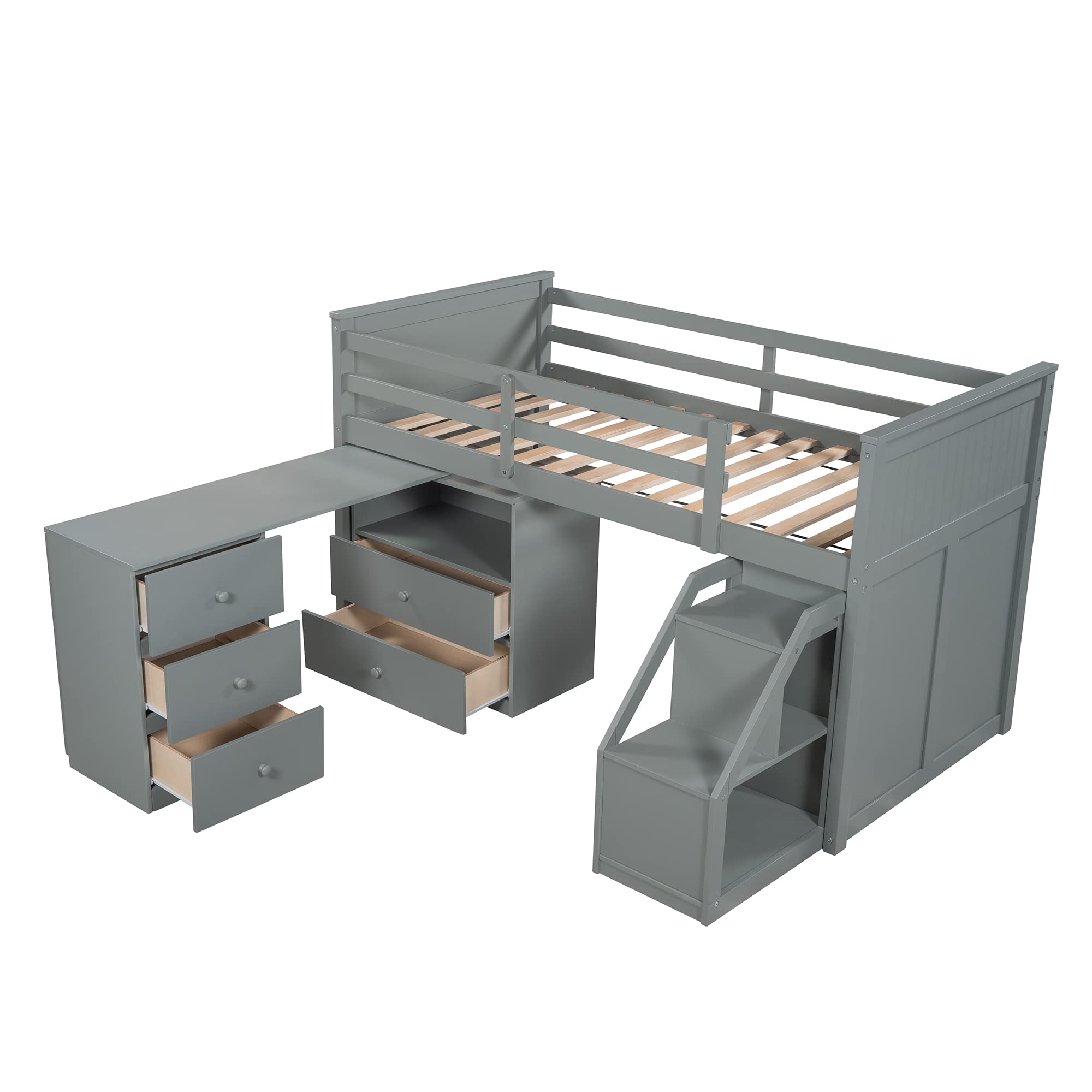 Kids Twin Loft Bed with Study Desk & Storage - Low Height Wooden Bunk Bed Frame, Portable Workstation & Stair Drawers (Gray) - Perfect for Small Bedrooms, Dorms & Space-Saving Kids' Rooms