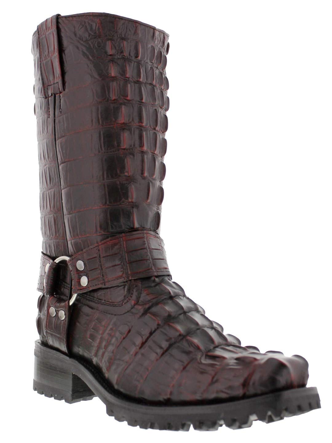 Men's Black Motorcycle Leather Boots - Cowboy Style Alligator Tail Print for Riding & Outdoor Adventures