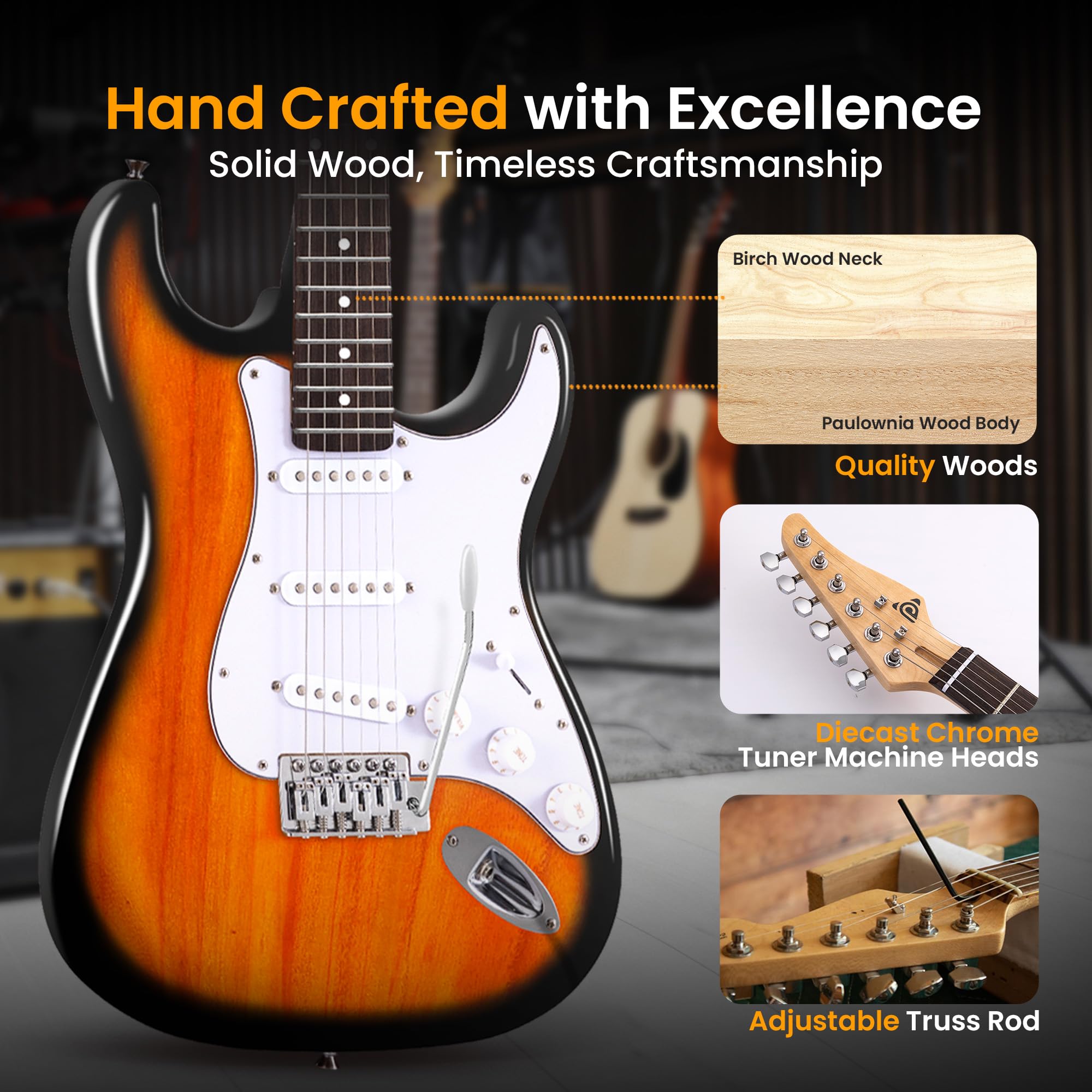 Pyle Full Size Electric Guitar Starter Kit with 5W Amp, Gig Bag, Accessories - ST-Style Beginner Guitar with 22 Frets, Paulownia Wood Body in Sunburst Finish | Perfect for Learning, Practice & Home Performances