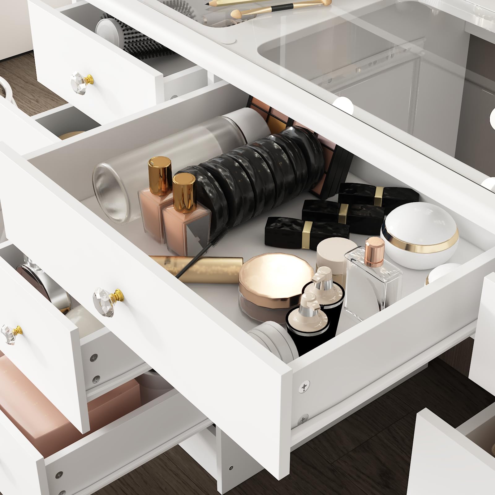 FUFU&GAGA White Modern Vanity Desk with Mirror & LED Lights, 9 Drawers & Hidden Shelves, Large Glass Top Makeup Dressing Table for Bedroom (43.3”W x 19.7”D x 53.6”H) - Perfect for Makeup Organization, Home Salon Setup & Glam Room Decor