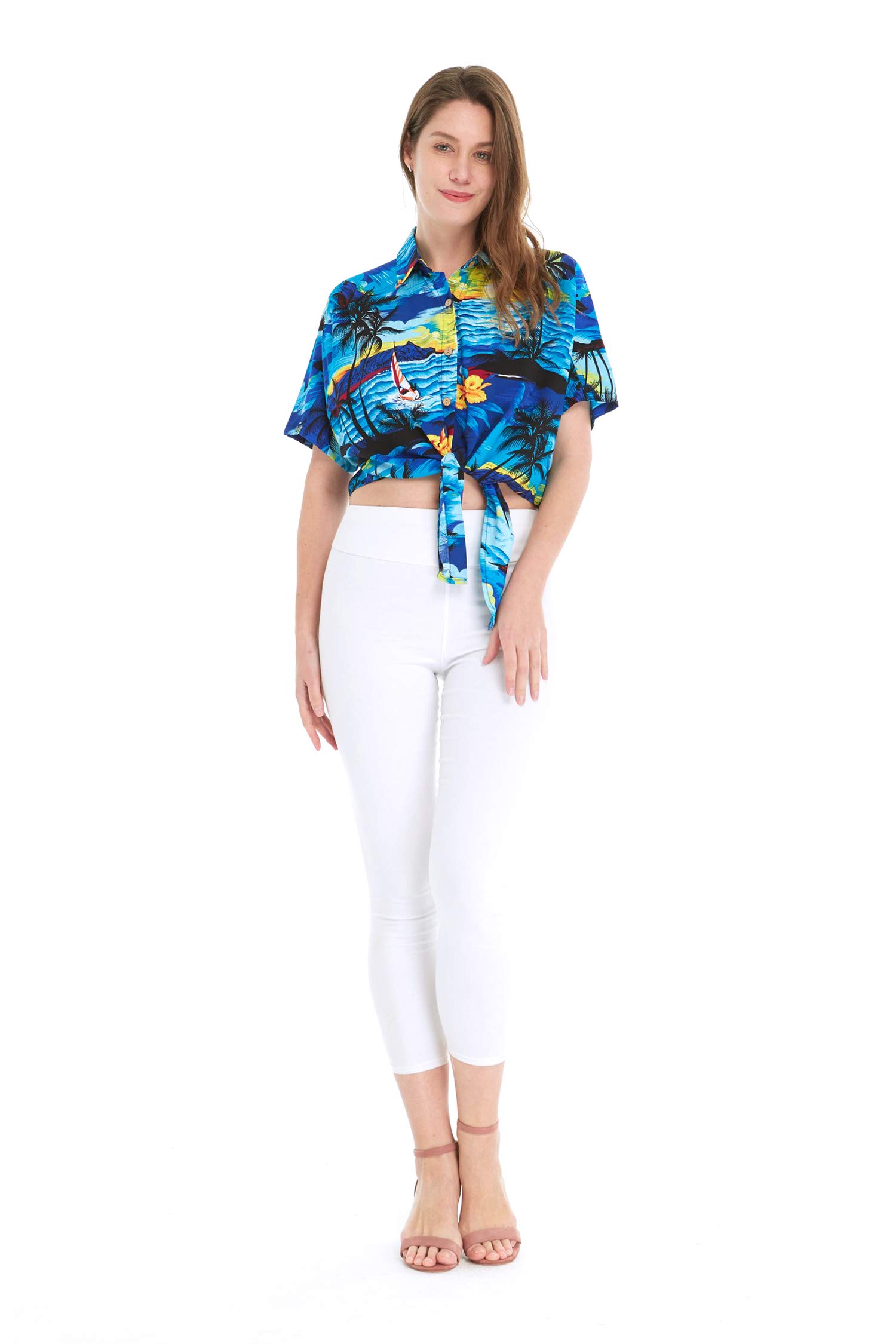 Women's Hawaiian Tie Front Crop Top Aloha Shirt - Floral Print Sunset Design | Beach Vacation, Summer Party & Tropical Outfit Essential