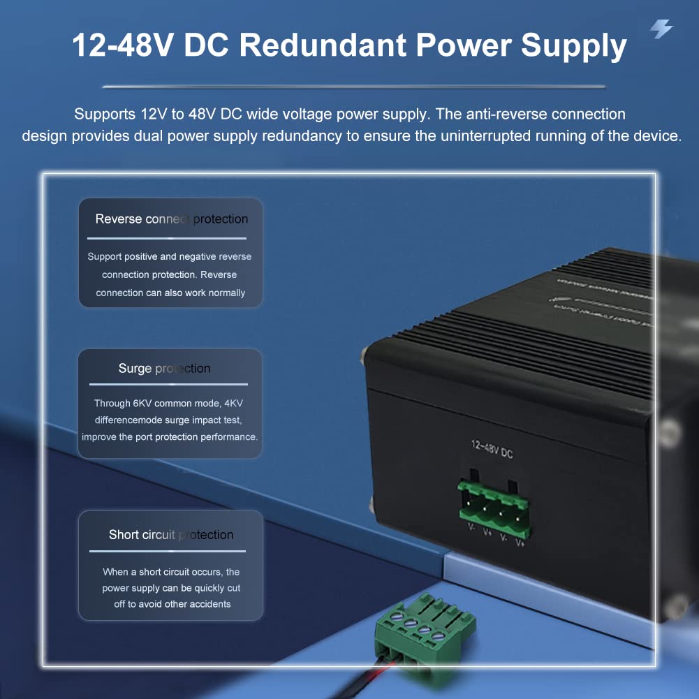 10 Port Gigabit Ethernet Switch - Industrial Grade, DIN Rail Mount, Unmanaged Network Switch with 10x RJ45 Ports (10/100/1000Mbps), Wide Temperature Range (-40°F to 176°F), 12-48V DC Power - Perfect for Outdoor, Factory Automation, and Harsh Environment Networking