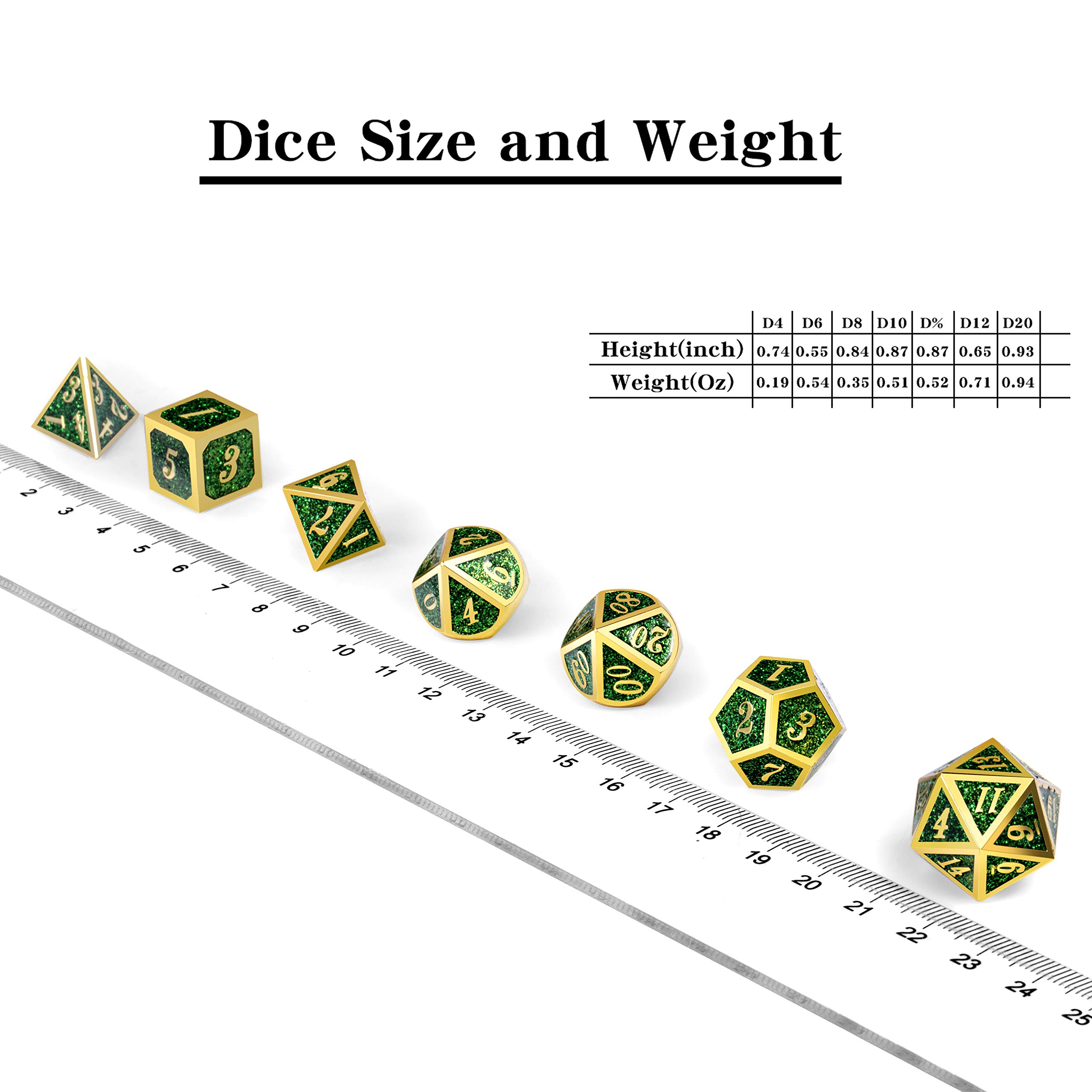 Premium Metal Dice Set for D&D - Glitter Green Heavy RPG Dice with Free Metal Case | Perfect for Dungeons & Dragons, Pathfinder & Tabletop Roleplaying Games