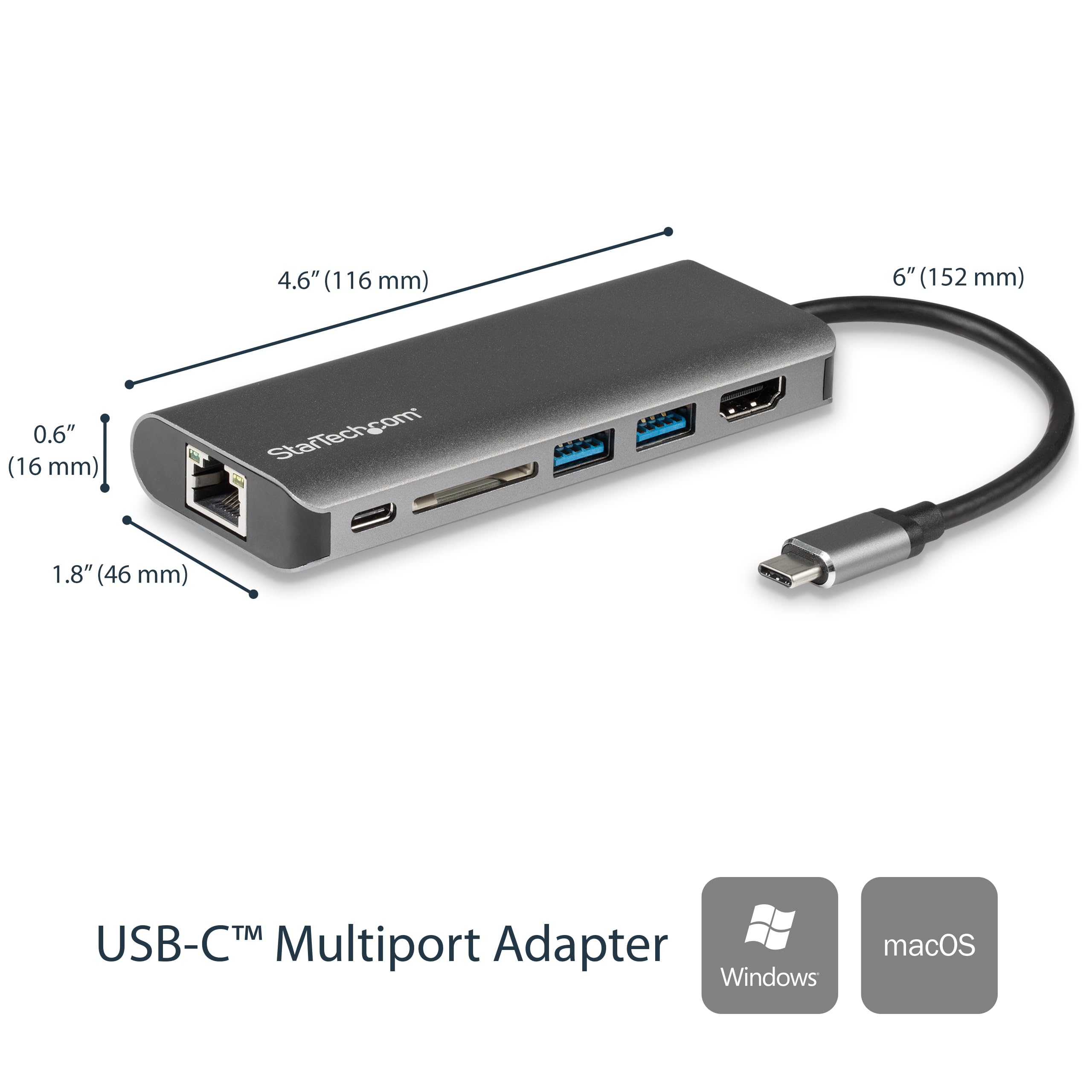 StarTech.com USB C Hub with 4K HDMI, 2 USB 3.0 Ports, SD Card Reader, Gigabit Ethernet & 60W PD - Thunderbolt 3 Compatible Multiport Adapter for MacBook Pro/Air, Dell XPS, Surface Laptop - Home Office & Travel Docking Station