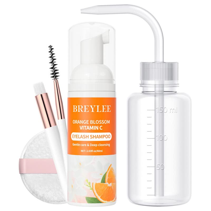 BREYLEE Eyelash Extension Cleanser & Lash Shampoo Kit - Professional Lash Bath Cleaner with Rinse Bottle, Brush & Pads for Extensions - Perfect for Salon & Home Use