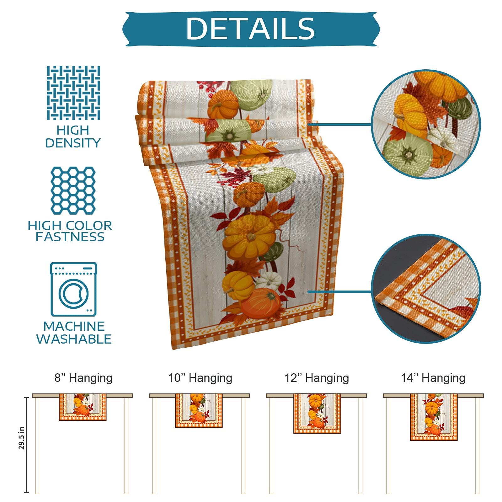 4-Piece Washable Linen Burlap Placemats Set with Matching Table Runner - Rustic Orange Plaid Autumn Leaf Design for Thanksgiving & Family Dinners - Perfect for Kitchen Dining Table Decor & Holiday Entertaining