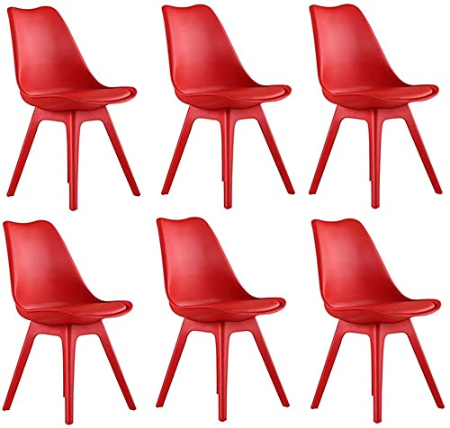 Modern Scandinavian Tulip Dining Chairs Set of 6 - Plastic Padded Seat & Solid Beech Wood Legs - Red - Perfect for Kitchen, Dining Room, and Restaurant Use