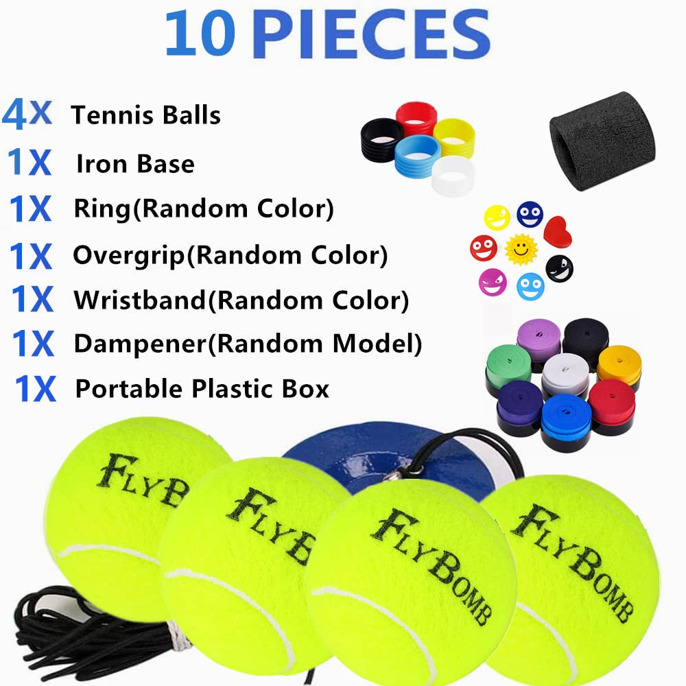 Flybomb Portable Tennis Trainer – 2.05LB Weighted Iron Base for Tennis Practice, Self-Training & Exercise | Includes 3 Rebound Balls, Wristband, Overgrip, Dampener & Ring | Perfect for Backyard Drills, Solo Practice & Fitness Training