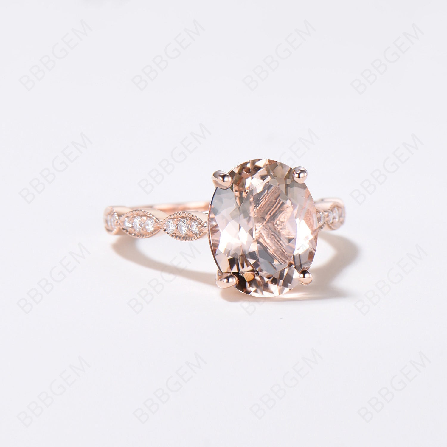 3 Carat Oval Peach Morganite Solitaire Engagement Ring with Marquise Diamond Half Eternity Band in 14K Rose Gold - Perfect for Proposals, Anniversaries & Romantic Occasions