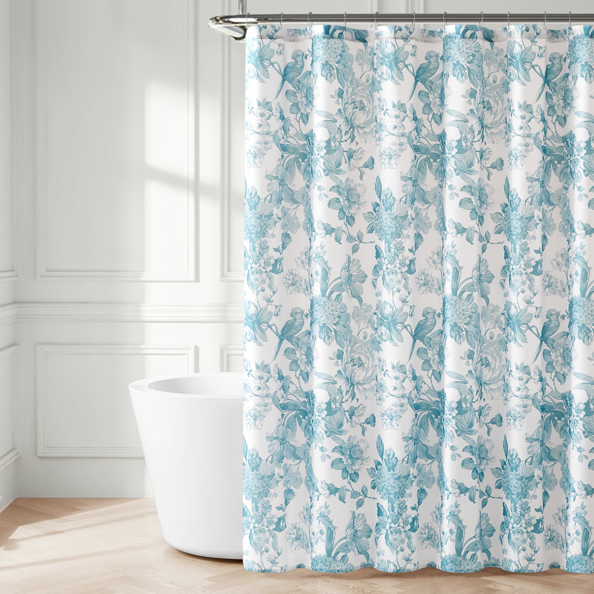 Elegant Bird and Hydrangea Toile Shower Curtain - Vintage Floral Bathroom Decor for Farmhouse or French Country Style - Perfect for Bathroom Makeover and Home Spa Retreat