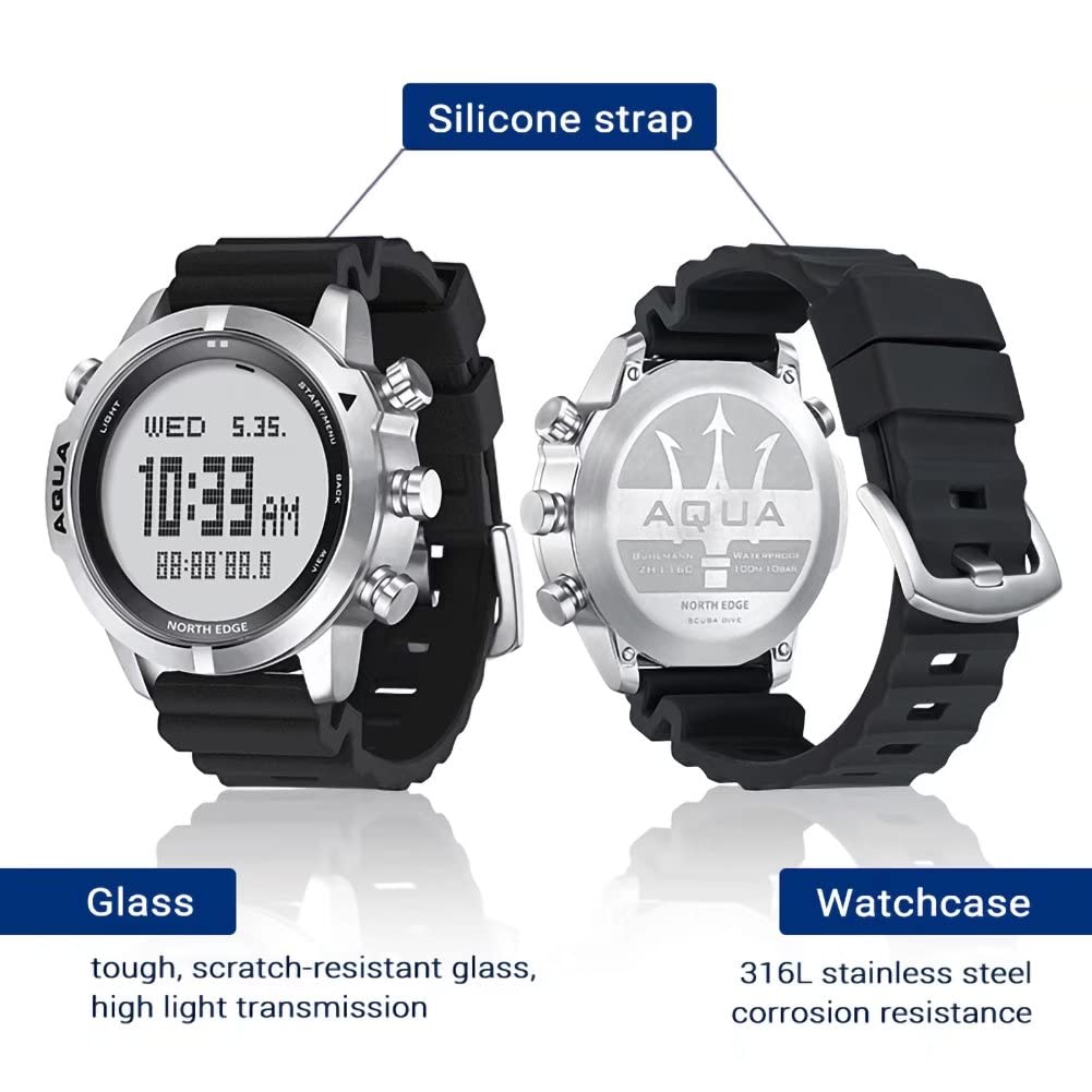 NORTH EDGE Aqua Digital Dive Watch for Men - Waterproof Scuba Diving Watch with Compass, Altimeter, Barometer & Pedometer - Professional Dive Computer for Swimming, Snorkeling & Outdoor Adventures