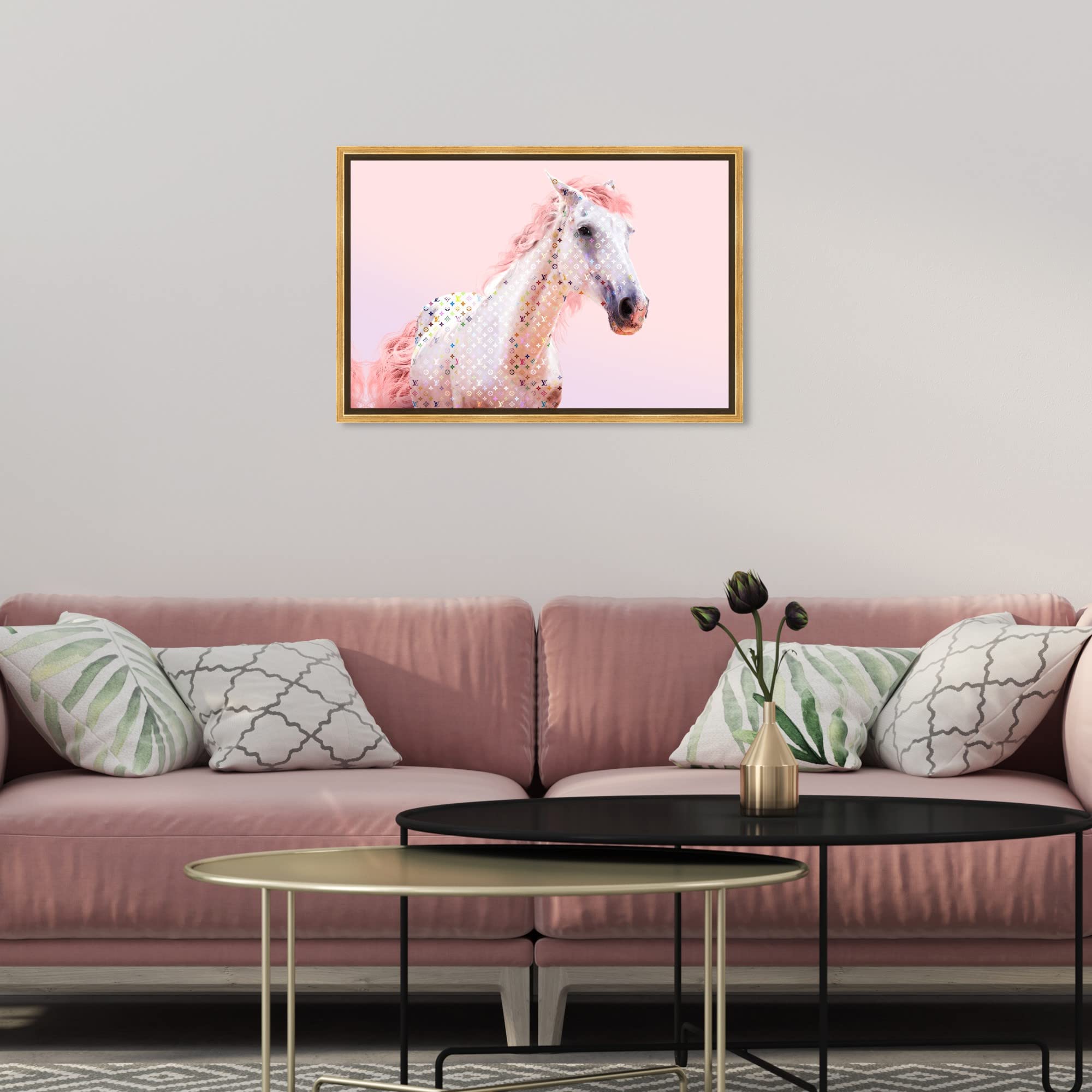 Oliver Gal Pink Glam Horse Country Farmhouse Canvas Print - 24x16 Inch Gold Framed Wall Art Painting, Rustic Home Decor for Living Room, Bedroom & Office