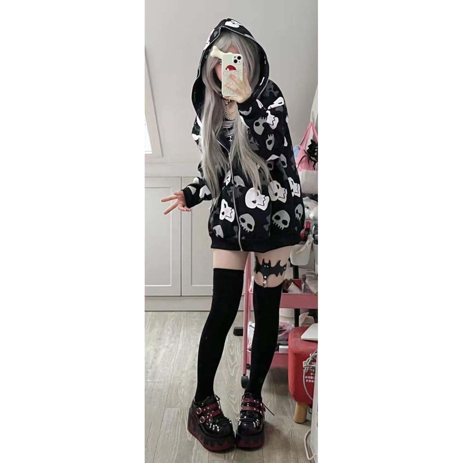 Gothic Women's Zip Up Hooded Sweatshirt - Y2K Skull Print Cardigan | Harajuku Loose Fit Jacket for Streetwear & Casual Outfits