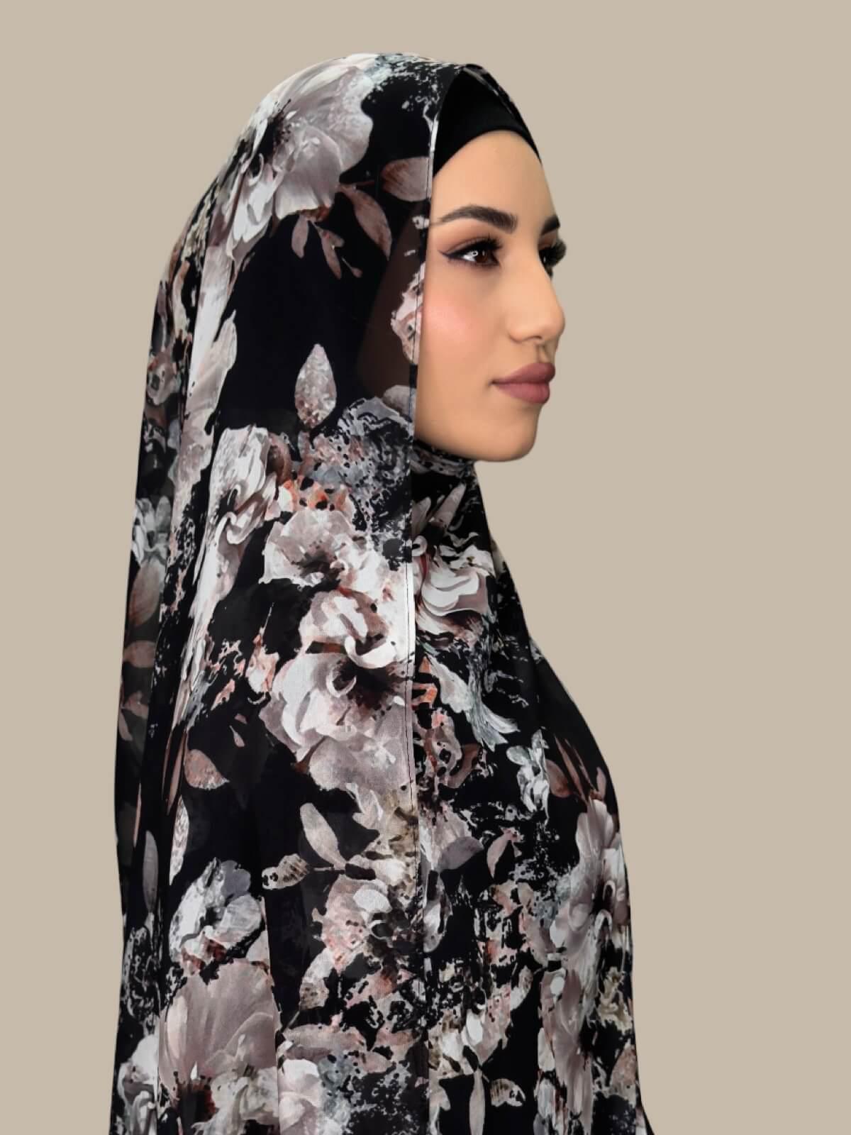 Printed Chiffon Hijab Fleurette Slate II - Lightweight Muslim Scarf for Women - Perfect for Daily Wear, Prayer, and Special Occasions