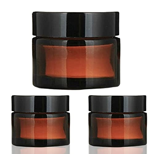 30ml Amber Round Glass Jar with Metalized Glossy Black Lid & Wad - Airtight Container for Cosmetics, Skincare, Essential Oils - Perfect for DIY Creams, Salves, and Travel-Size Products