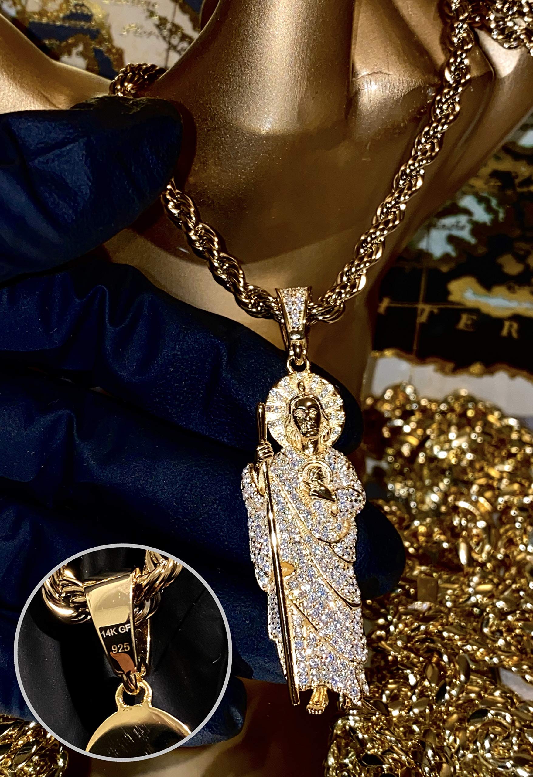 925 Sterling Silver Iced Out Saint Jude Pendant Necklace for Men & Women - 2mm Stainless Steel Rope Chain, Gold Finish - Perfect for Gifts, Everyday Wear & Religious Jewelry Collection
