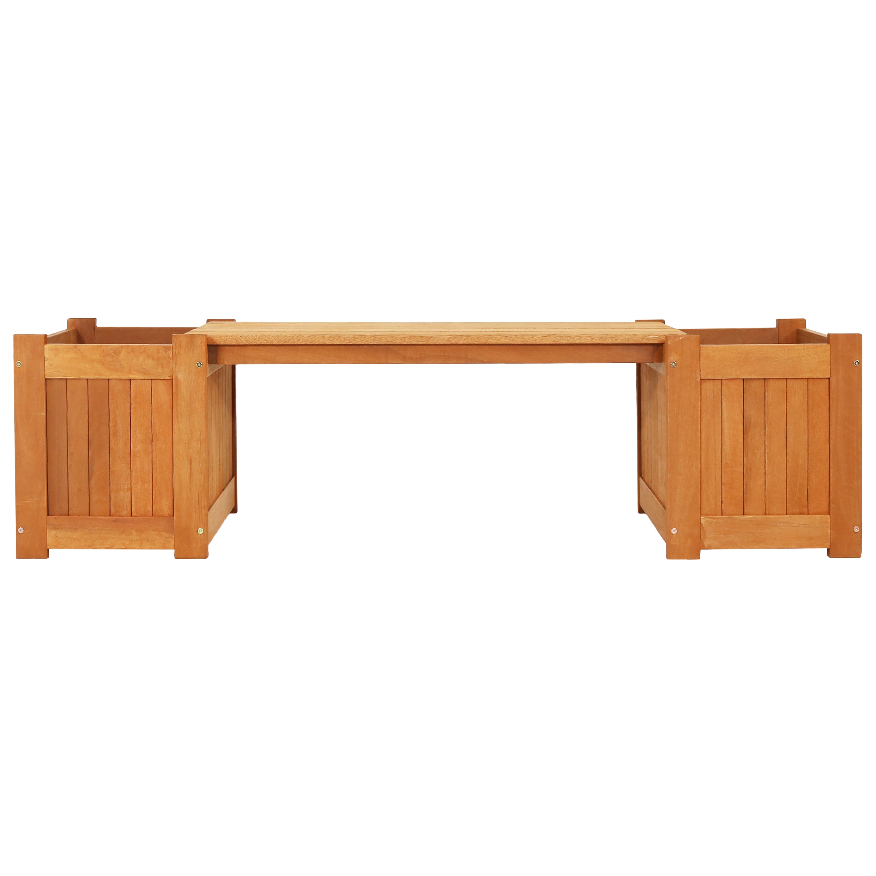 Sunnydaze Meranti Wood Outdoor Planter Box Bench with Teak Oil Finish - 68 Inch Garden Seating & Storage Solution for Patio, Deck, or Backyard
