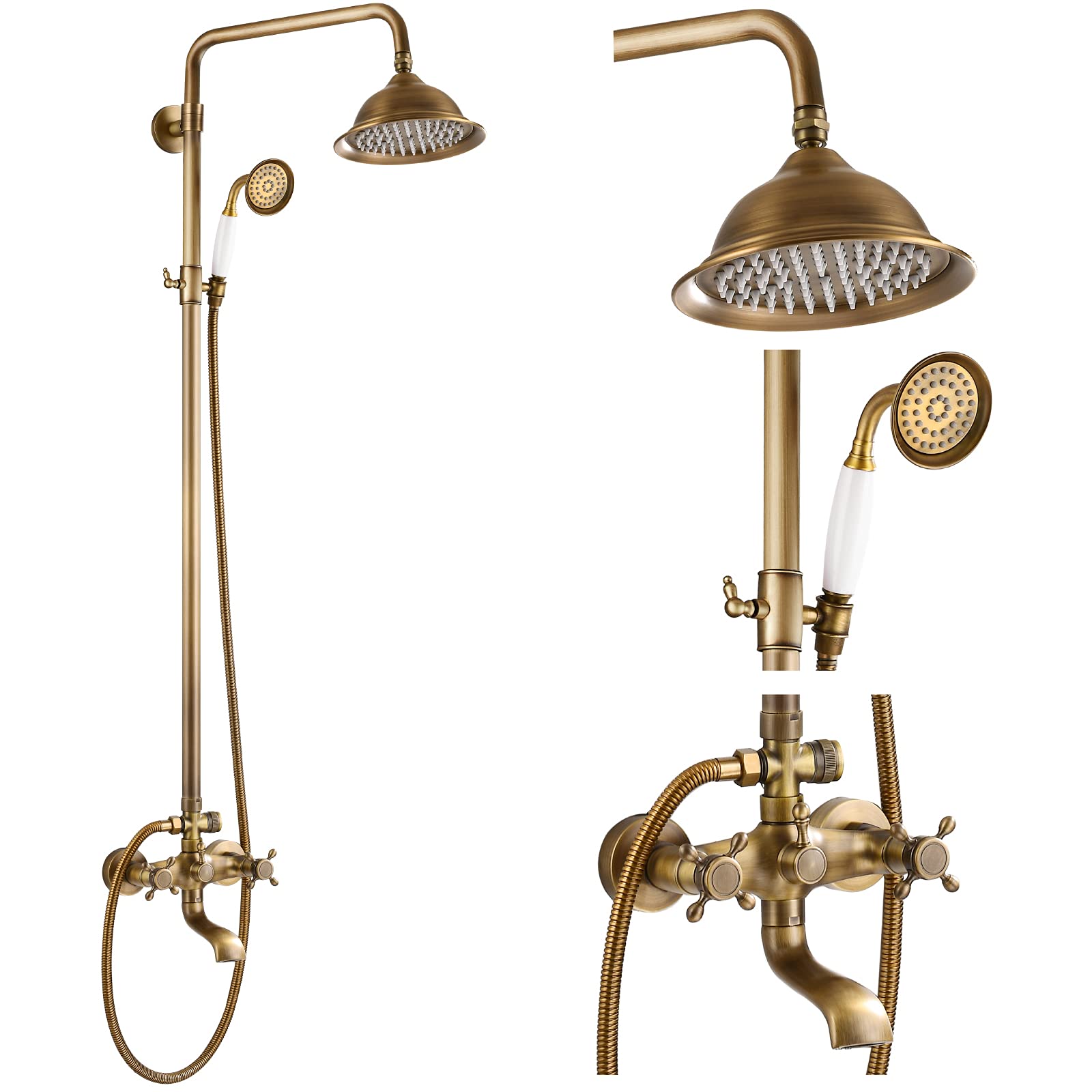 Gotonovo 8 Inch Rainfall Shower System - Antique Brass Exposed Shower Faucet with Tub Spout, Handheld Spray & Double Cross Handles for Bathroom & Outdoor Use - Perfect for Modern Homes, Spa Retreats and Poolside Showers