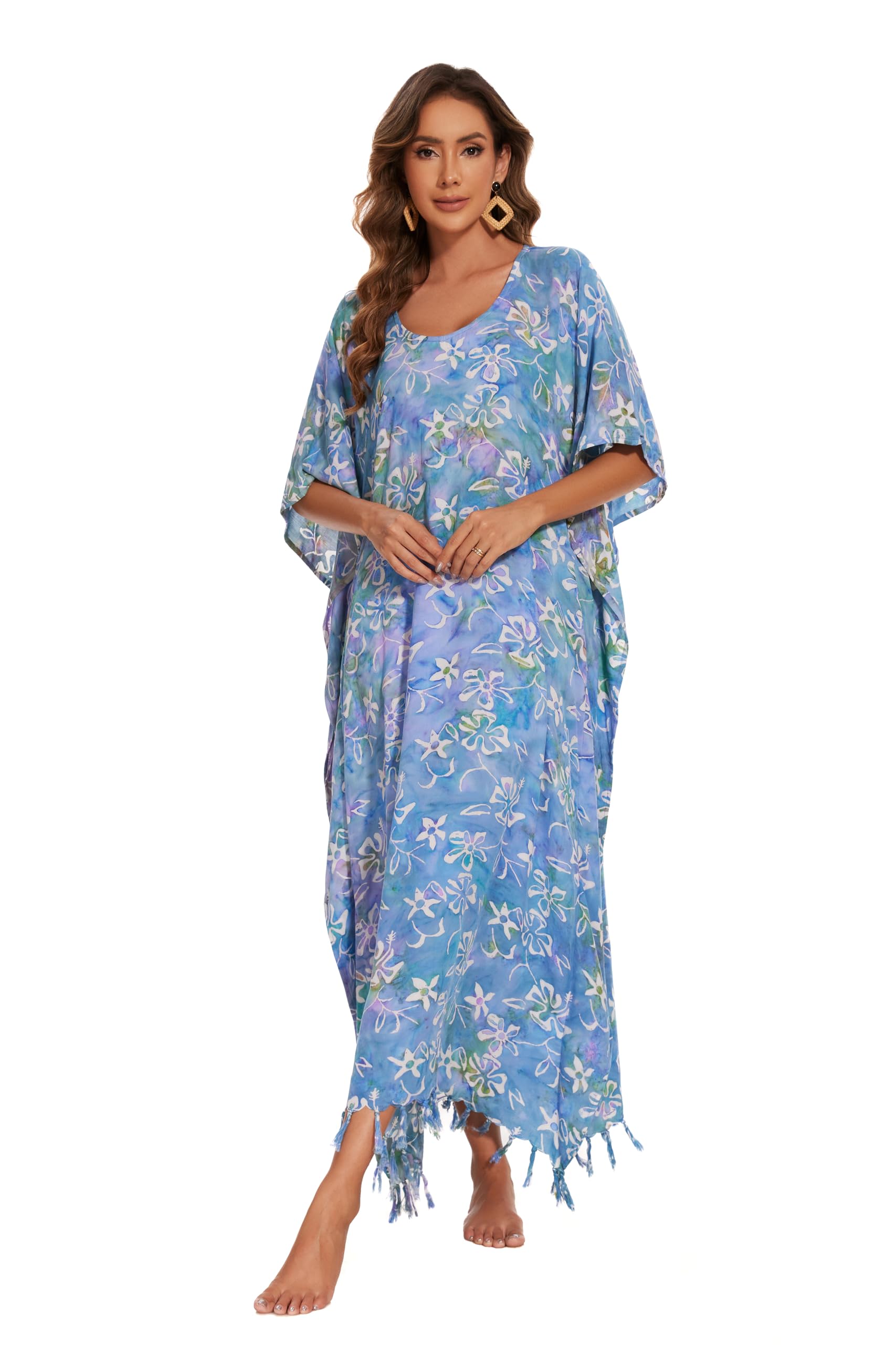 Beautybatik Moss Green Women's Hand Blocked Batik Rayon Caftan - Boho Maxi Dress for Plus Size (XL to 4X) | Perfect for Beach Cover-Up, Summer Loungewear & Vacation Outfits