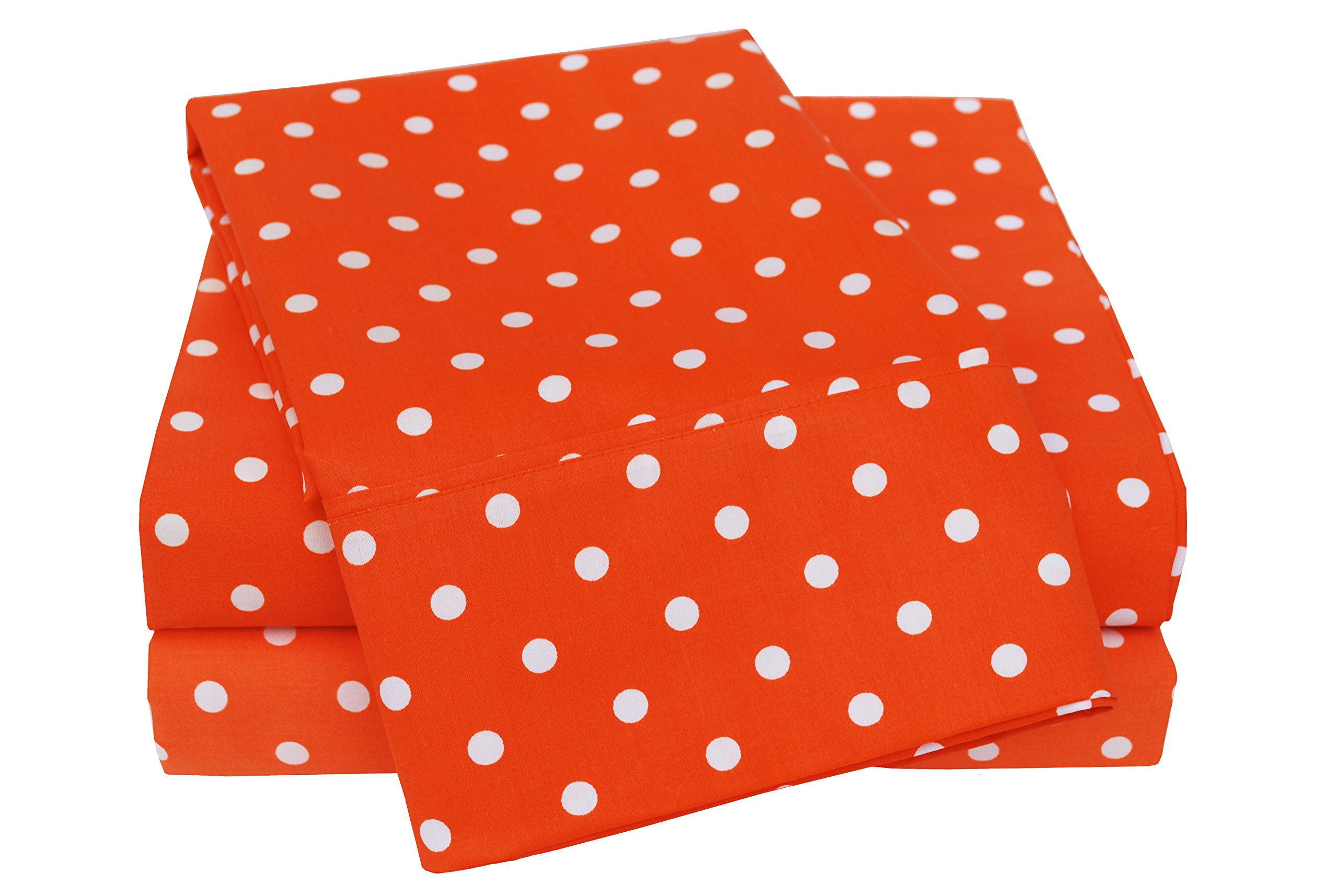 Premium 600 Thread Count Polka Dot Cotton Blend Sheet Set - Soft, Wrinkle Resistant Bedding with Deep Pockets for Twin Beds (Orange) | Perfect for Kids' Rooms, Guest Bedrooms & Cozy Home Decor