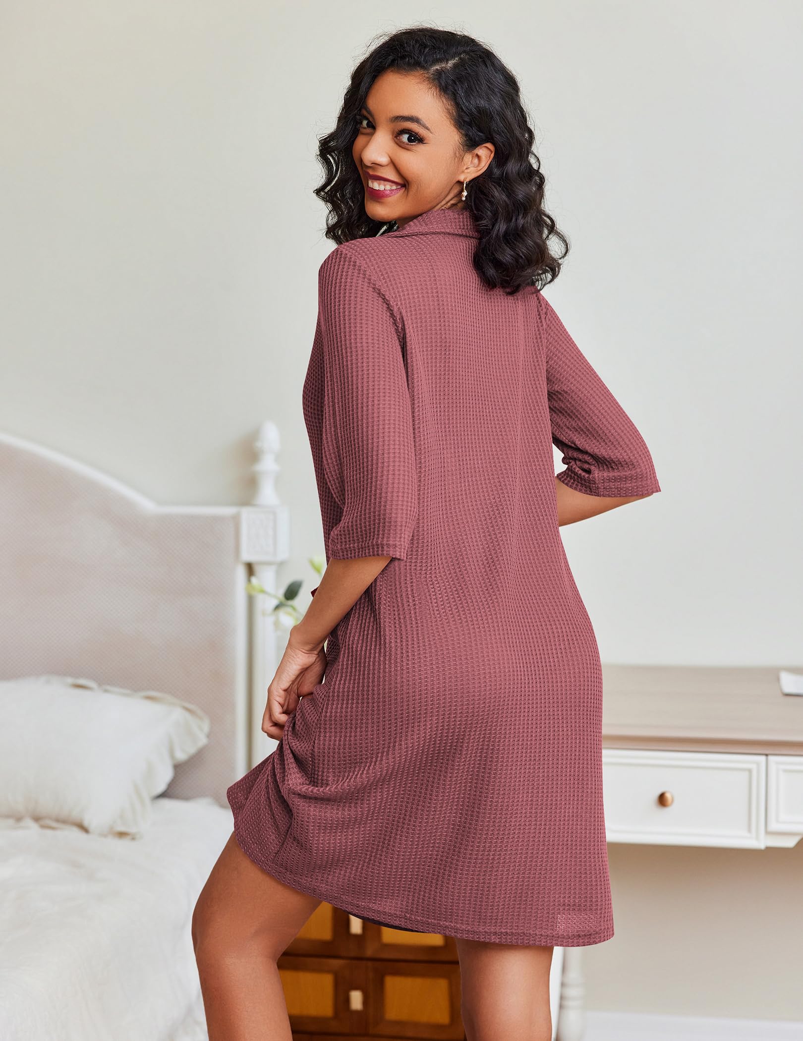 Ekouaer Women's Lightweight Waffle Knit Zipper Robe - Knee Length Short Bathrobe with Pockets for Spa, Lounge & Home Wear (Sizes S-XXL) | Perfect for Relaxation, Post-Shower & Morning Coffee