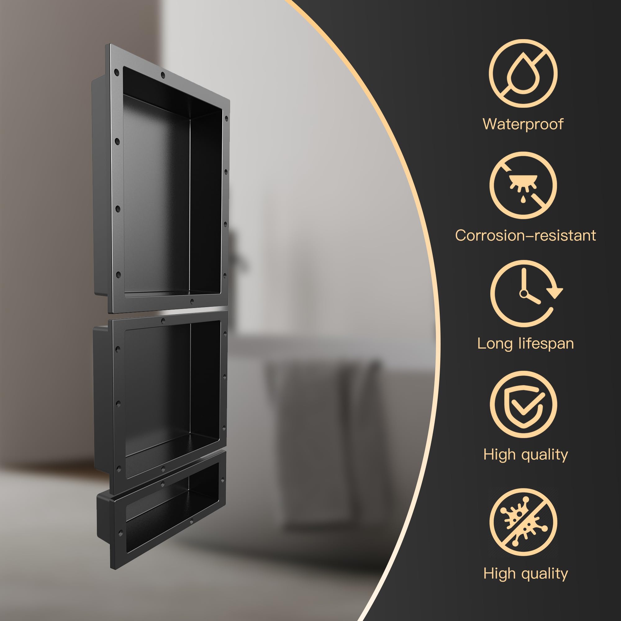 Black SMC Shower Niche 40x16in (20+14+6) - Waterproof Tile-Ready Wall Shelf for Bathroom & Shower Organization | Perfect for Bath Essentials Storage