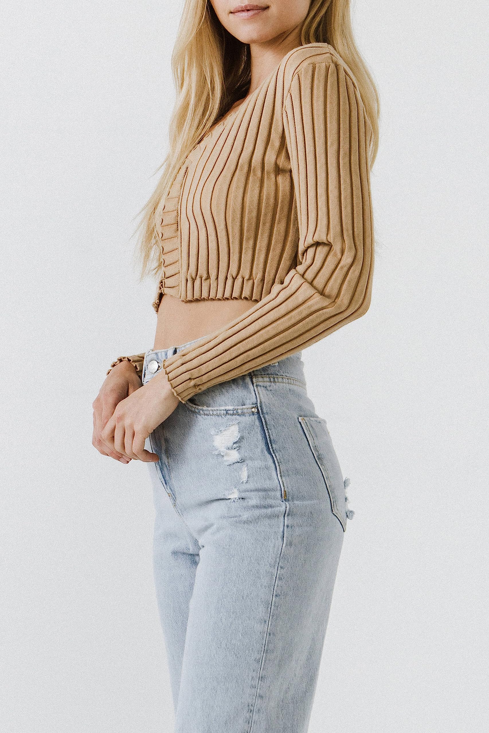 Endless Rose Women's Long Sleeve Ruffled Knit Sweater - Brown Fall Winter Tops for Casual Outfits & Office Wear