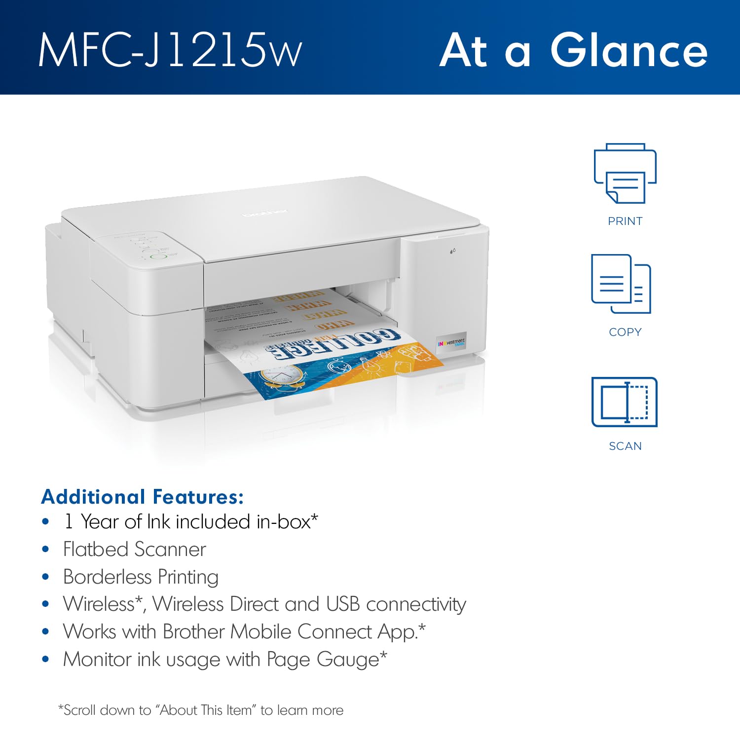 Brother MFC-J1215W INKvestment Tank Wireless All-in-One Color Inkjet Printer - High Yield, 1-Year Supply in Box (Renewed Premium) for Home Office & Small Business Printing, Scanning, Copying & Faxing