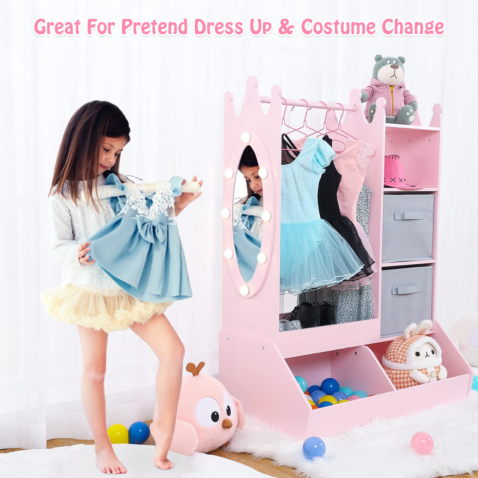 Bophy Girls' Dress Up Storage Organizer with LED Light & Mirror - Kids Clothing Rack with Storage Bin, Open Hanging Armoire Closet for Bedroom (Pink) - Perfect for Organizing Dresses, Costumes & Accessories in Kids Room or Play Area
