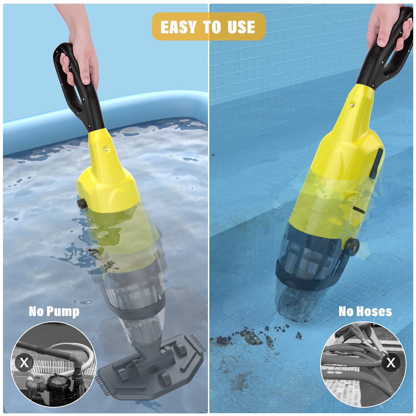 Rechargeable Cordless Electric Handheld Pool Vacuum Cleaner for Above Ground Pools, Hot Tubs & Small Swimming Pools - Lemon Yellow | Portable Spa & Bathtub Cleaner for Quick Debris Removal