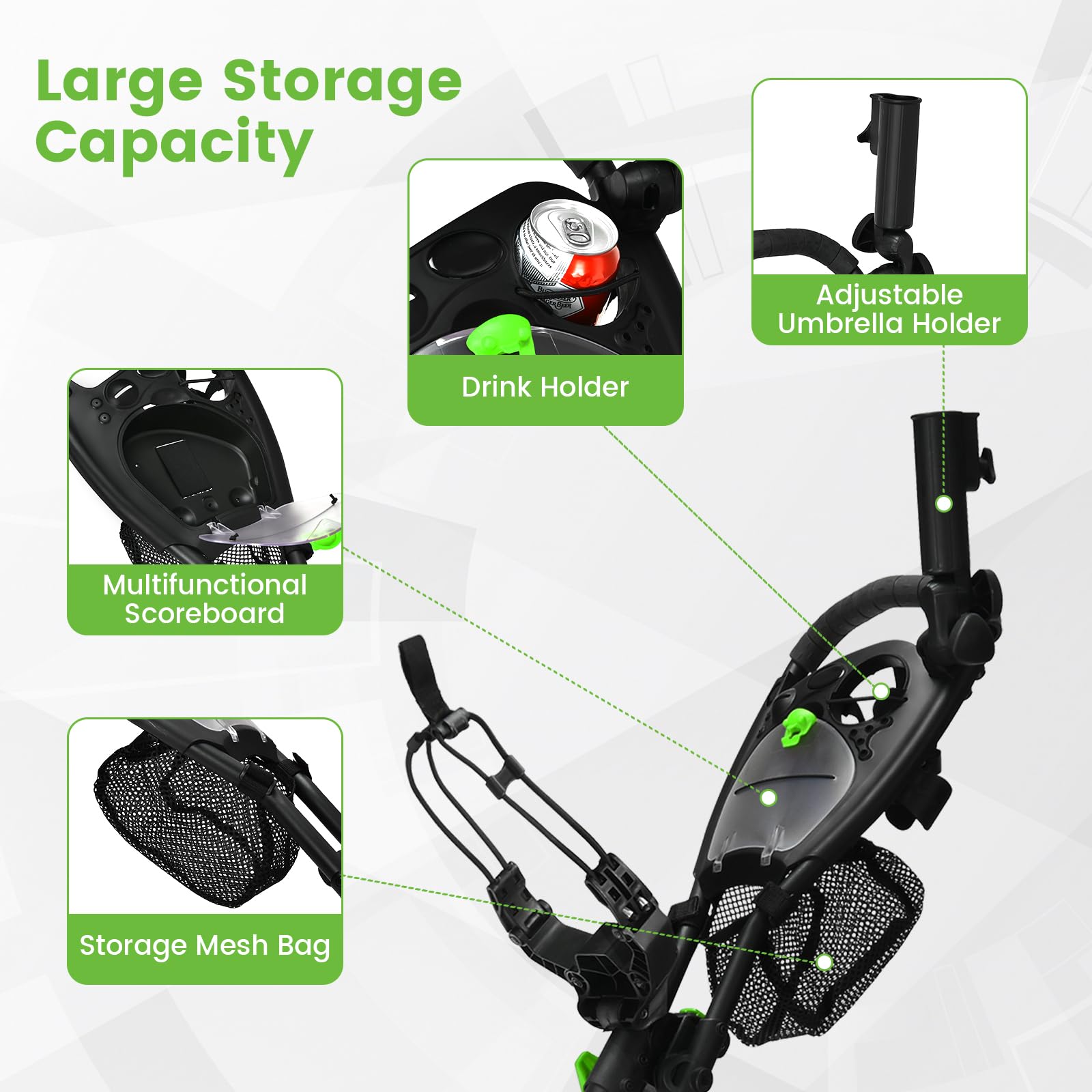 Ultimate 3 Wheel Golf Push Cart - Lightweight Folding Golf Trolley with Scorecard Holder, Cup Holder, Umbrella Holder & Golf Bag Holder - Includes Mesh Storage Bag, Adjustable Handle & Foot Brake - Perfect for Golf Courses, Driving Ranges & Outdoor Practice Sessions