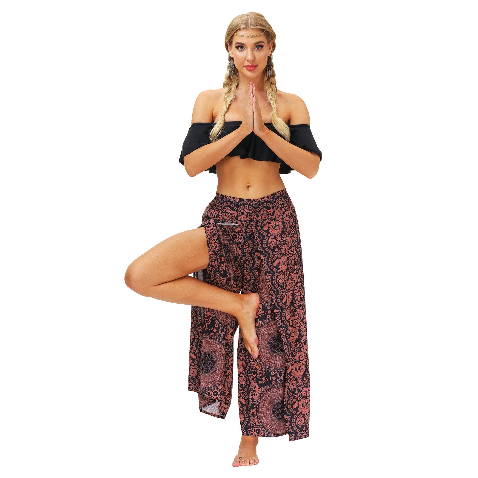 Women's Flowy Palazzo Pants with Side Split - Loose Boho Yoga Pants for Beach, Lounge & Casual Wear - Comfortable & Stylish Summer Outfit