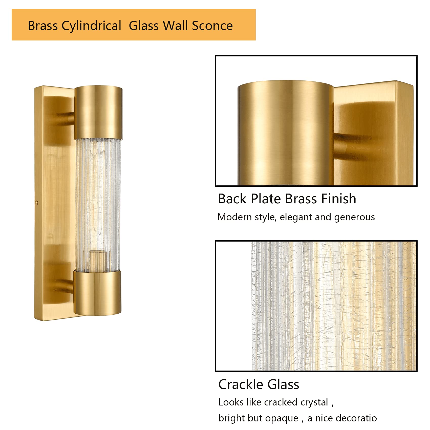 Modern Bathroom Vanity Light - Brass Wall Sconce with Crackle Glass Shade for Mirror Lighting, Hallway & Entryway - Waterproof LED Fixture for Home Decor