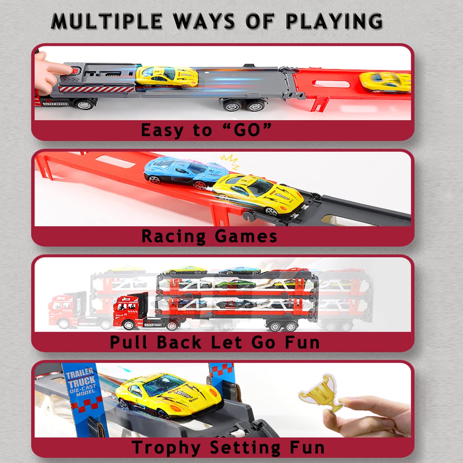 OTONOPI 59 Inch Race Car Transporter Truck Toy Set - Mega Hauler Carrier with Race Track Storage & 2 Metal Cars - Perfect Gift for Kids Toddlers Boys Girls Age 3+ - Great for Birthday Parties, Playtime & Pretend Driving Adventures