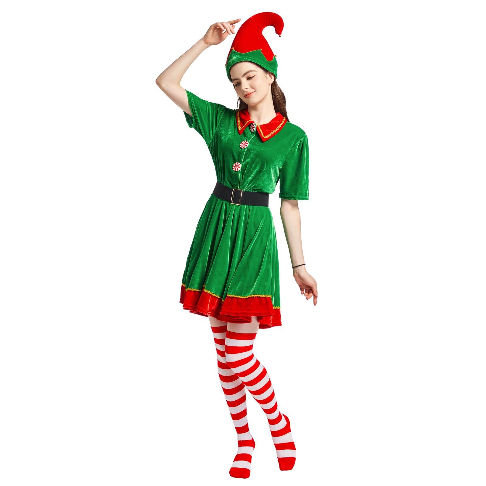 Festive Christmas Elf Costume Set for Women - Green Dress, Red Striped Stockings, Elf Hat & Belt (Sizes S-XL) | Holiday Party Outfit, Cosplay, Themed Events