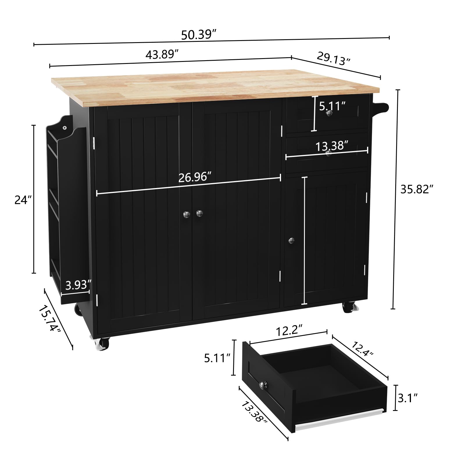 HLR Kitchen Island with Storage - Rolling Mobile Kitchen Cart with Drop-Leaf Bar Countertop, Spice Rack & Tower Shelves - Extra Storage Solution for Small Kitchens, Apartments & Dining Areas - Perfect for Meal Prep, Entertaining & Space Organization
