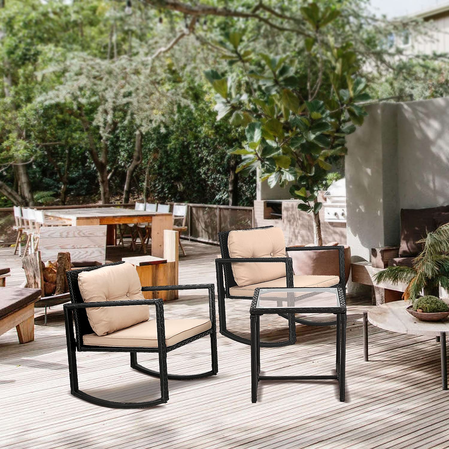 3-Piece Outdoor Rocking Chair Set with Bistro Table - Patio Furniture for Backyard, Porch, Poolside & Lawn - Black Balcony Chairs & Coffee Table - Perfect for Relaxing, Entertaining & Outdoor Dining