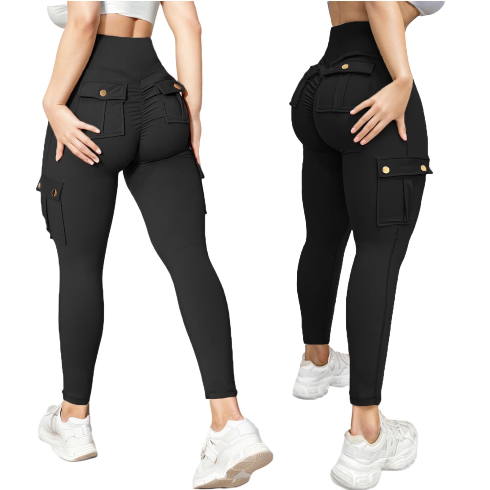 Nuofengkudu Women's High Waisted Scrunch Bum Cargo Leggings with Pockets - Tummy Control Workout Pants for Gym, Running, Jogging & Yoga - Ankle Length Booty Lifting Sports Trousers for Women