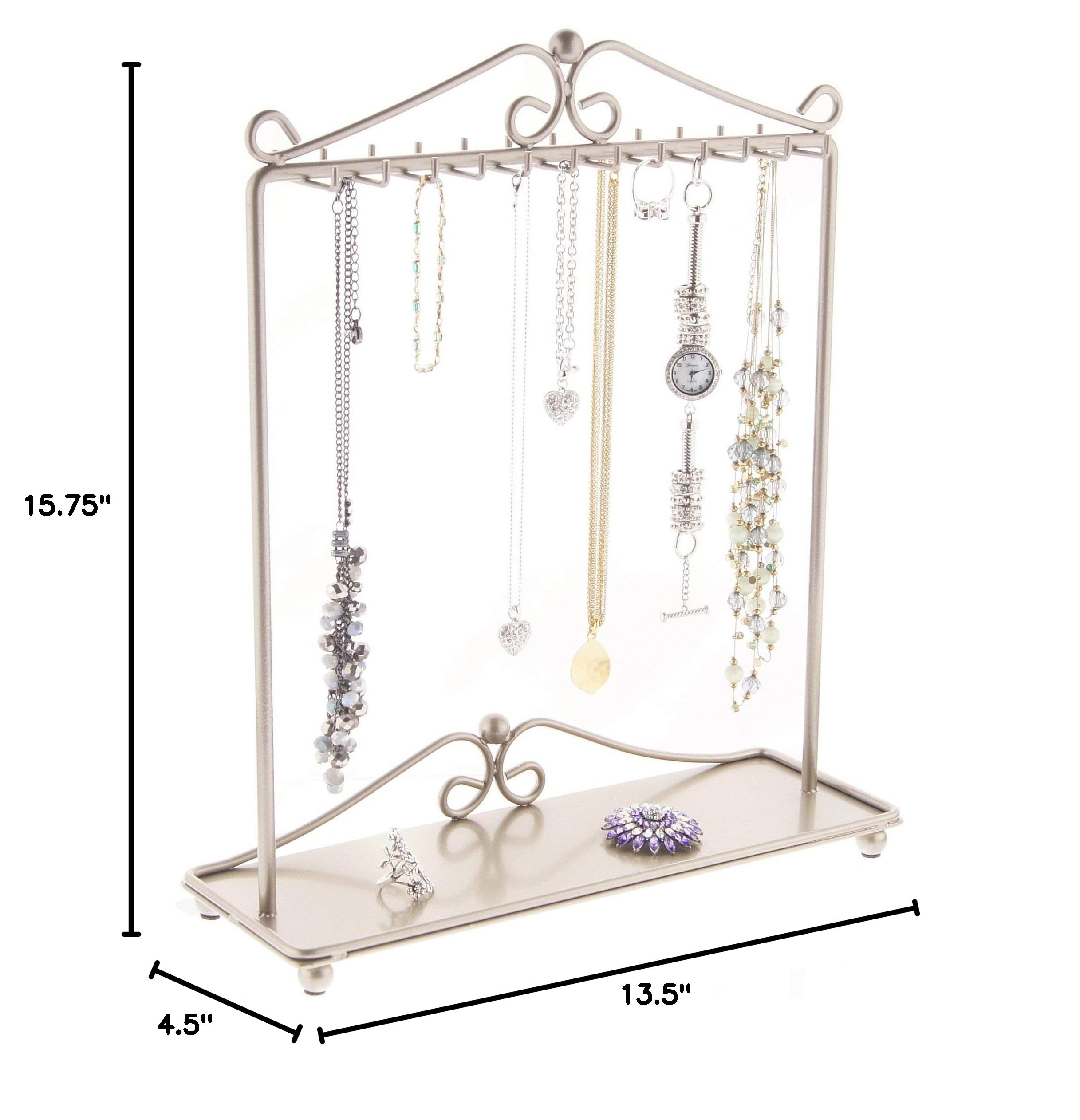 Freestanding Jewelry Organizer Stand - Tall Necklace Holder & Bracelet Display Rack in Calla Satin Nickel Silver | Perfect for Bedroom, Bathroom & Closet Organization