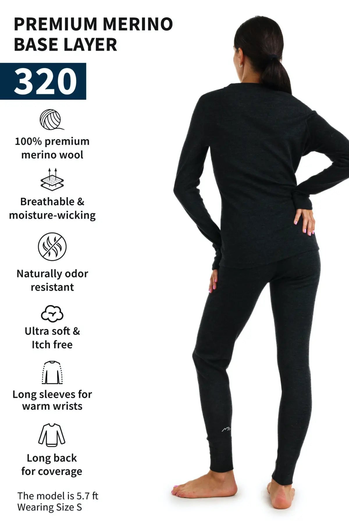 Women's Merino Wool Thermal Underwear Set 320 GSM - Charcoal Grey - Base Layer for Hiking, Skiing & Winter Outdoor Activities