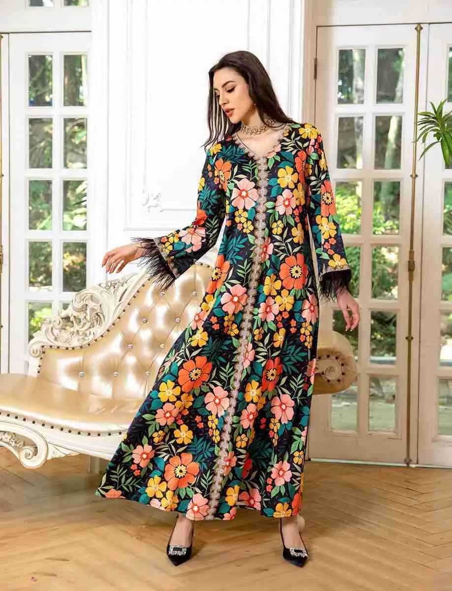 Elegant Hotfix Rhinestone Feather Sleeve Kaftan Dress for Women - Perfect for Eid, Parties, Weddings & Special Occasions
